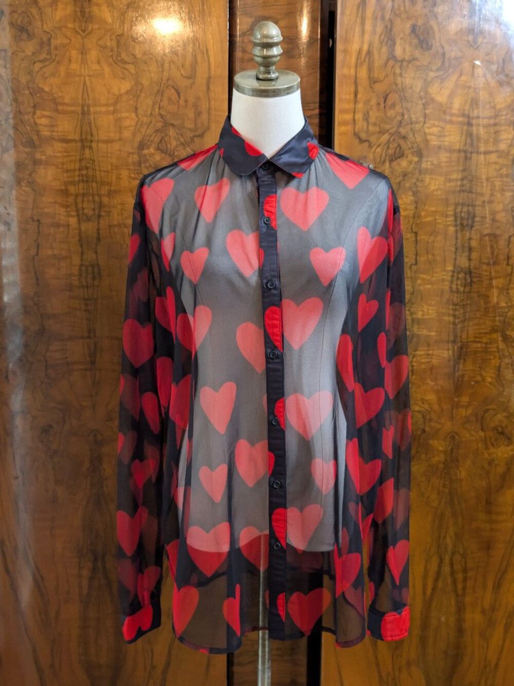 Patrick Church Hearts Mesh Translucent Button Up Shirt Men's 2X Black Red Rave